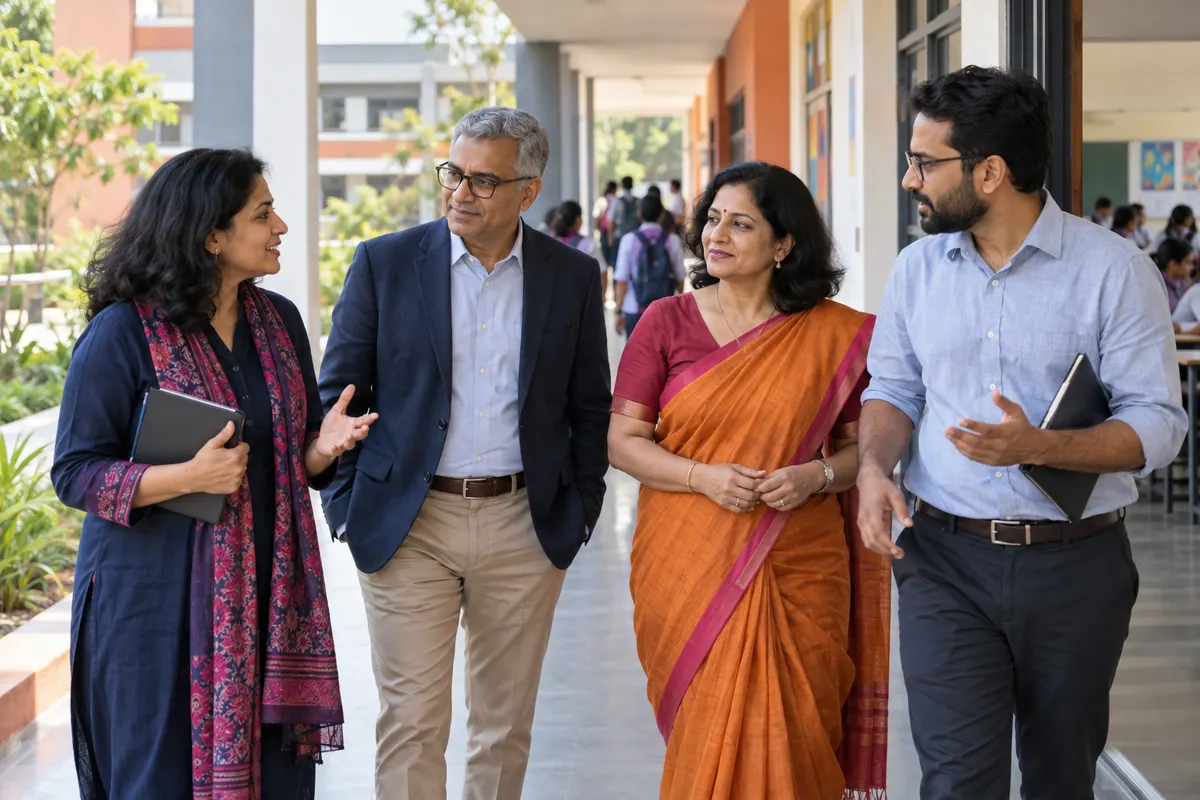 Indian education leaders discussing their shared purpose on campus