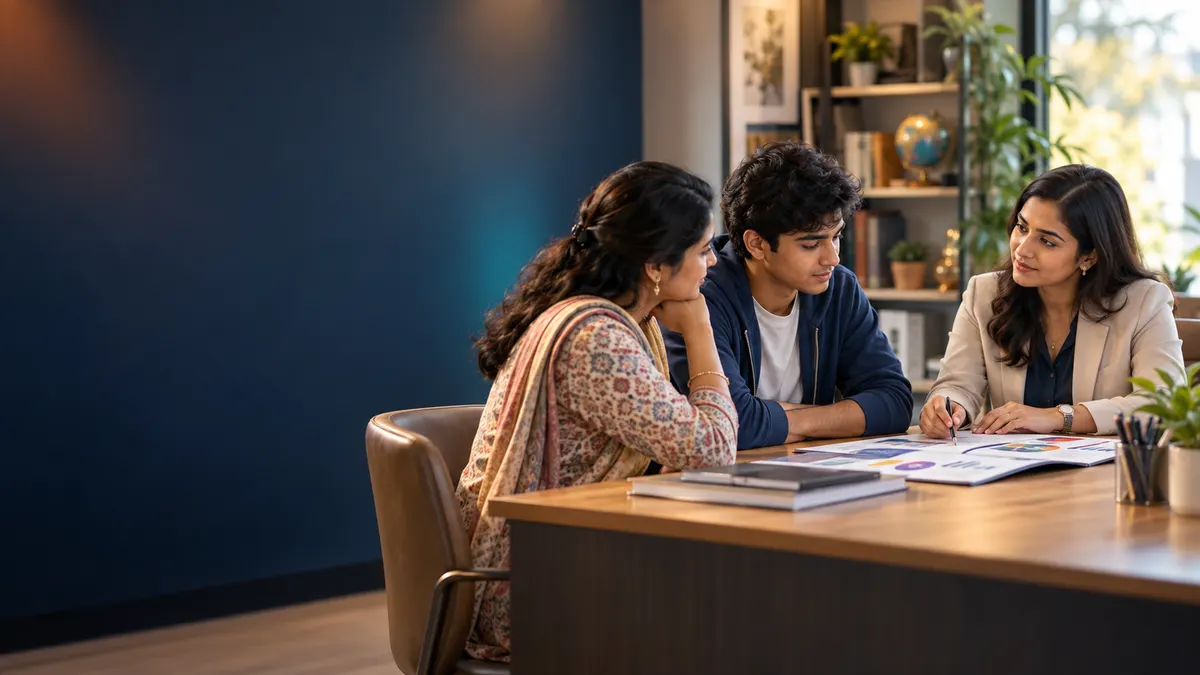 A student and parent discussing career options with a counsellor