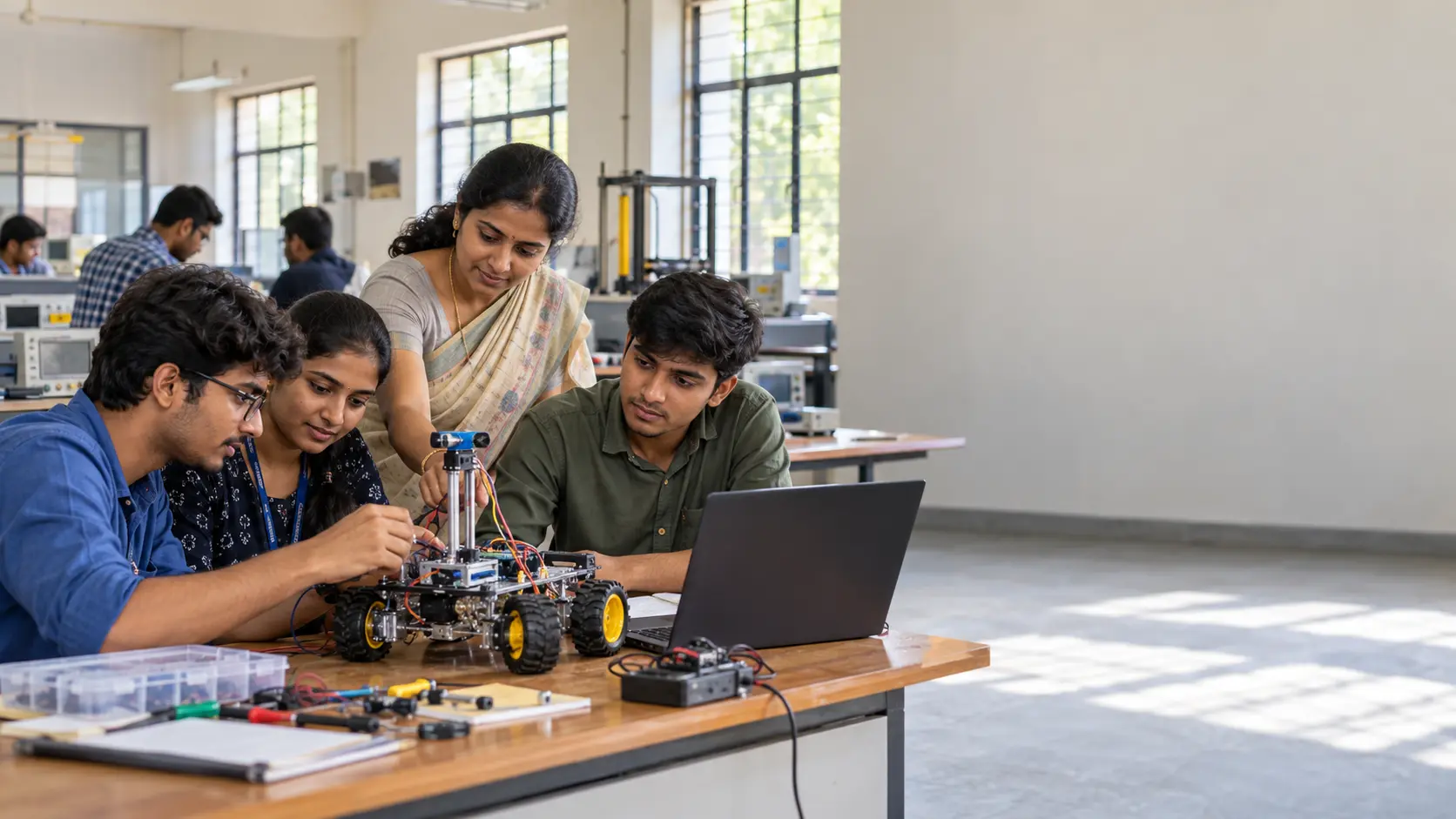 Indian college students and faculty working in a practical laboratory
