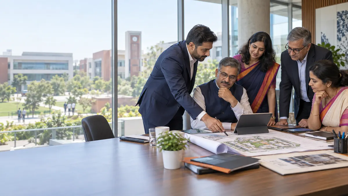 Indian education leaders reviewing an institutional campus plan