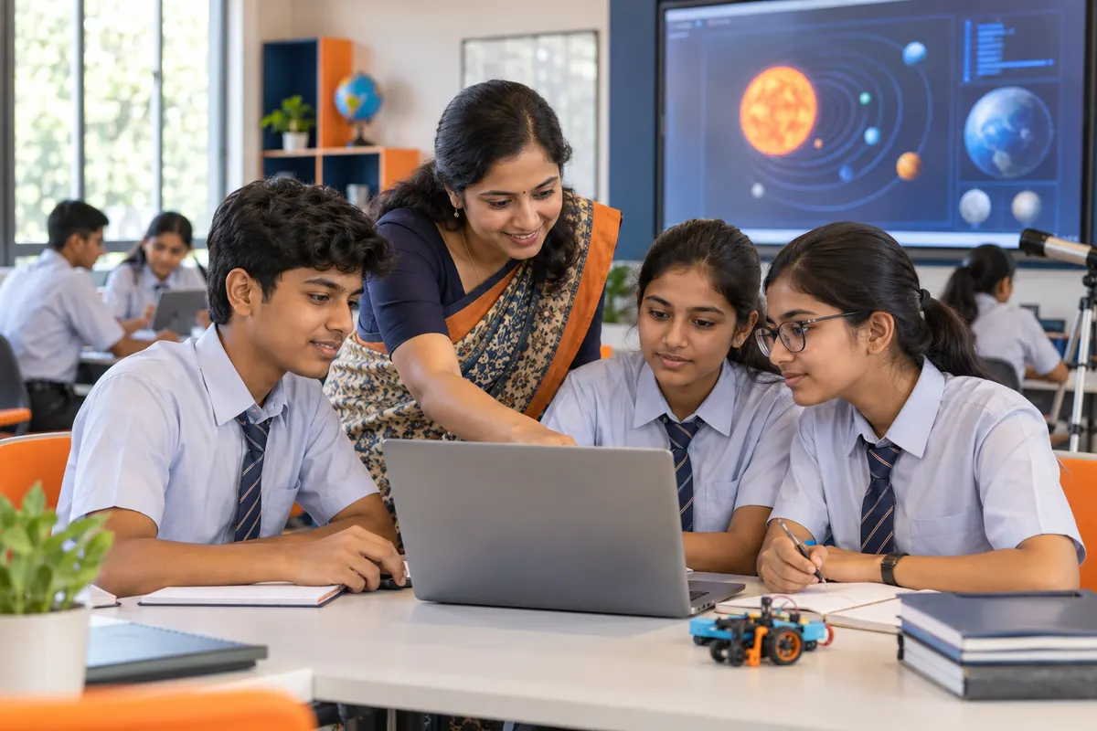 An educator and students exploring digital learning